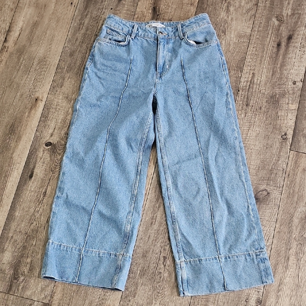 Zara Wide Leg Front Seam Crop Jeans In Medium Light  Blue Wash Size US 4